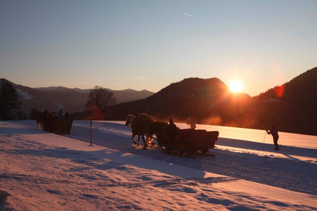 Pferdeschlittenfahrt um den Kulmberg im Winter bei Sonnenaufgang
